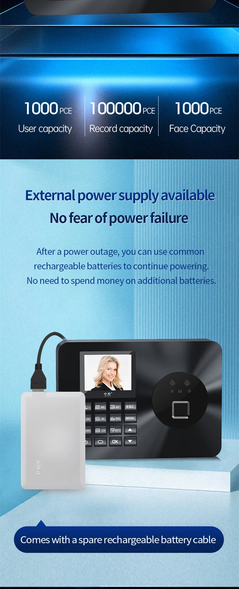 Registratore biometrico dell'orologio con riconoscimento facciale/impronta digitale/password da 2,4" TFT LCD DC 5V/1A