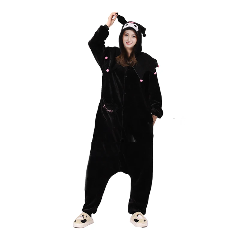 Kuromi Kigurumi Women Onesies Anime Pajamas Cartoon Clothes For Adults Boy Girls Full Body Pijamas Flannel One-Piece Bodysuit