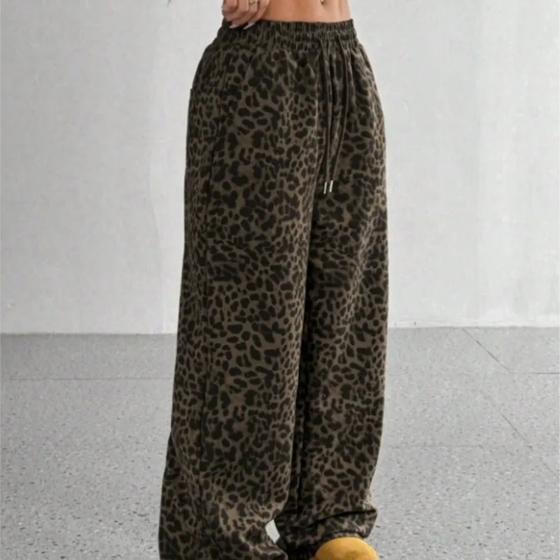 Pantalon imprimé léopard pour femme, ample, Style de rue, vêtements à la mode, taille haute, jambes longues et larges, pantalon de nettoyage au sol, automne hiver