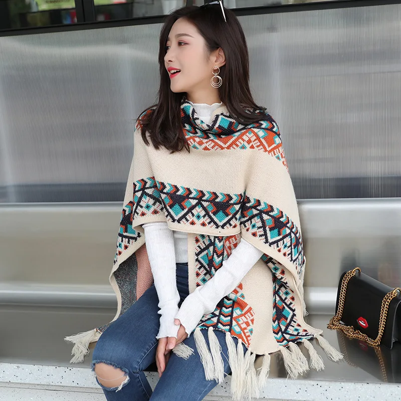 Winter Bohemian Ethnic Style Cloaks Women Indie Printed Scarf Style Capes Thick Warm Long Tassel Ponchos Chic Dual Purpose Shawl