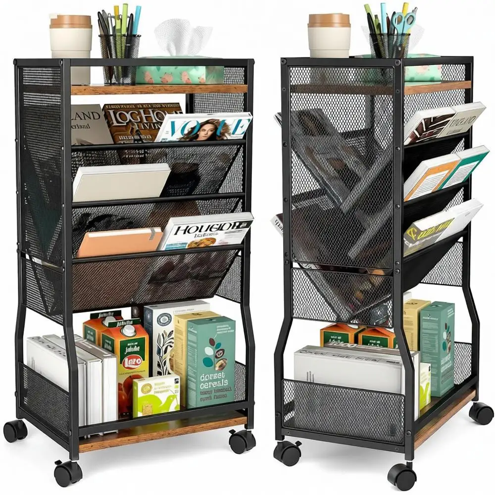 

8-Tier Mobile Book Cart with Wheels, Compact Storage for Books and Office Supplies