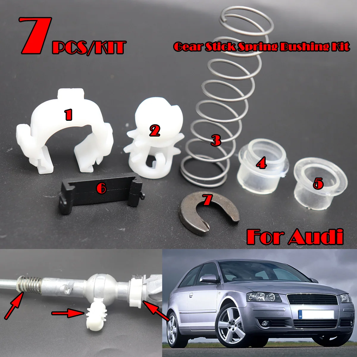 

7pcs Gear Shifter Selector Lever Shaft Gear Stick Spring Bushing For Audi A3 8P 2003-2013 TT MT Shift Issue FixGearstick Rebuild