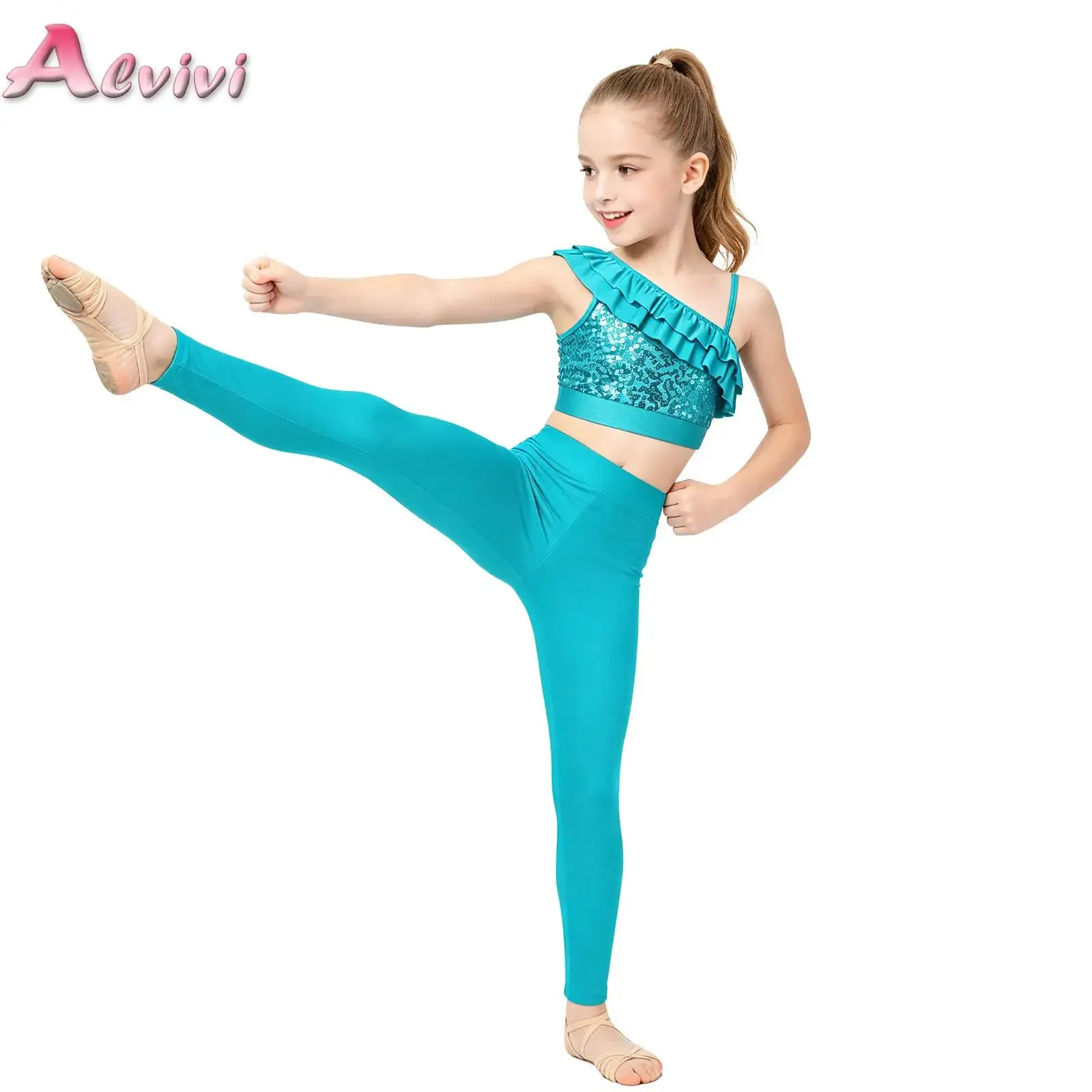 

Kids Girls Casual Outfit Asymmetrical Shoulder Straps Sequin Ruffle Crop Top with Leggings Jazz Dance Figure Skating Costume
