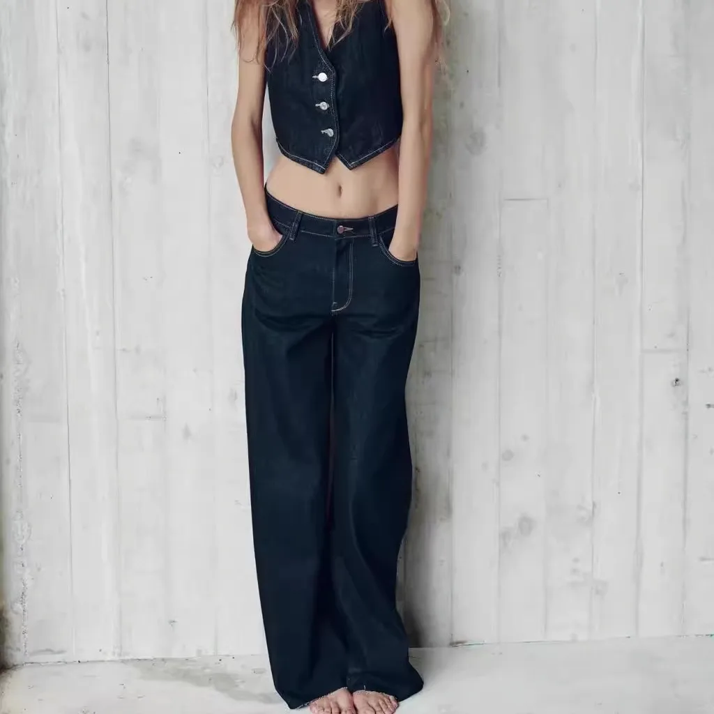 

New Autumn Women's Denim Svel V-ne Vest And Wide Leg Jeans Button Sle ort Length Single Row Button Pure Color
