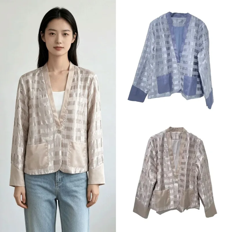 Miyake Pleated V-Neck Jacket Plisse Women 2026 Spring Autumn Glossy Plaid Single Button Patchwork Pocket Textured Cardigan Top