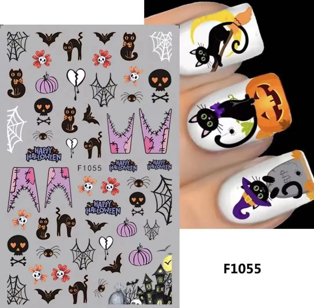 Autocollants pour ongles Halloween, dessin animé, chat, décalcomanie, Y2K, crâne, chauve-souris, Aliments, fournitures pour manucure festive, nouveau, 2024