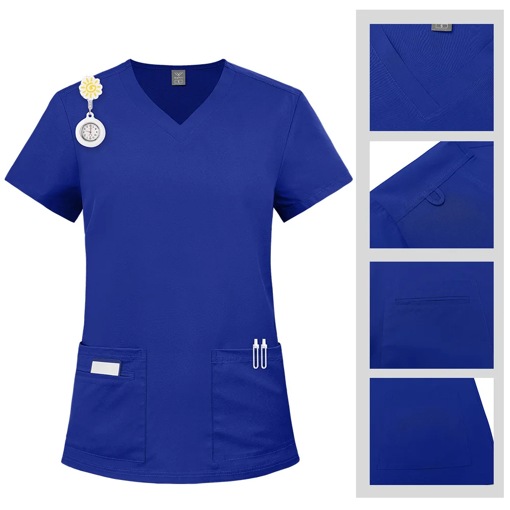 Stretch Scrubs Set V Neck Short Sleeve Nurse Uniform Drawstring Pocket Workwear Hospital Clinic Dental Beauty Salon Work Suits