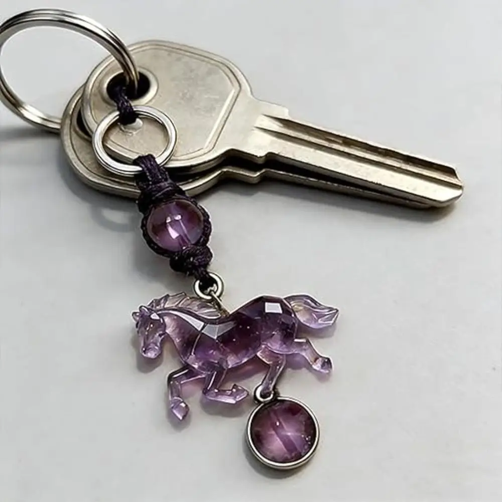 Attracts Good Luck & Wealth Lucky Amethyst Horse Keychain Jewelry Accessories Charming New Year Keyring Personality