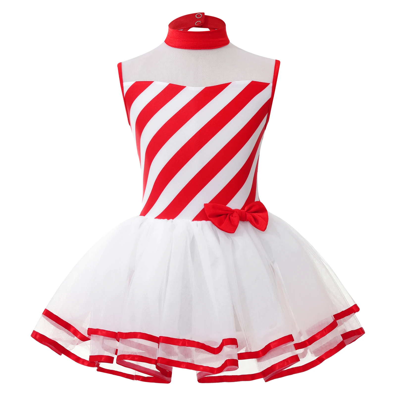 Kids Girls Christmas Ballet Tutu Dress Xmas Striped Candy Cane Costume Gymnastics Leotard Figure Skating Performance Dancewear