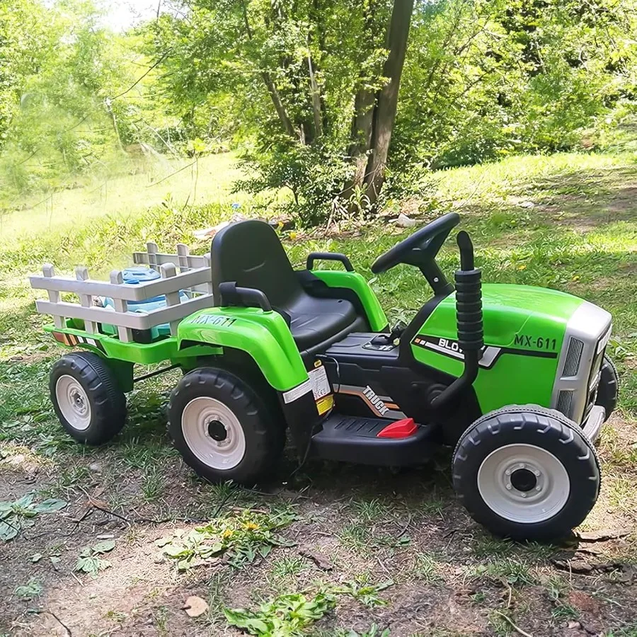 Tracteur pour enfants avec remorque et double moteurs 25W, véhicule électrique pour enfants alimenté par batterie 12V, jouets avec télécommande, 3 vitesses Sh