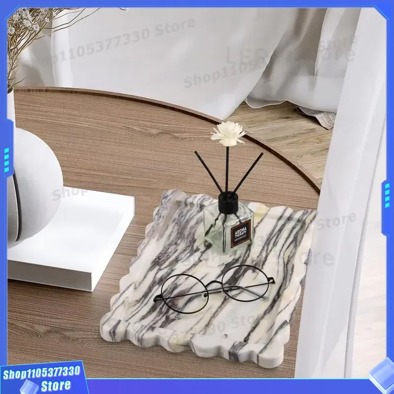 Natural Marble Decorative Tray with Scalloped Edges Luxury Bathroom Vanity Organizer for Home Kitchen Coffee Table Decoration