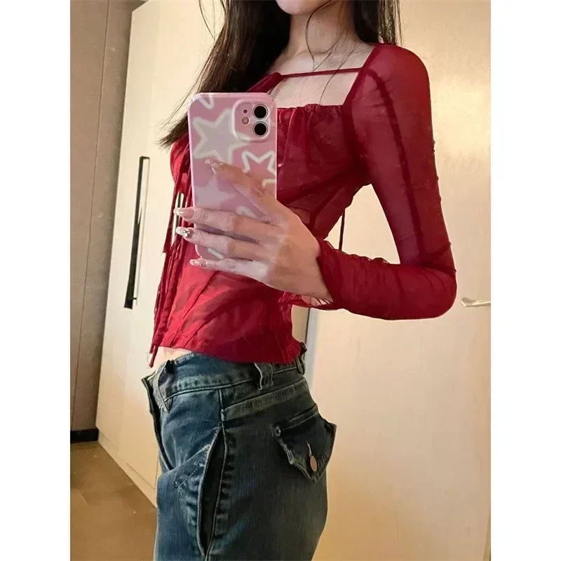 Women Vintage Streetswear Red Grunge See Through T-shirts Top Oversized Tshirt Long Sleeve Mesh Tops Alt Clothes