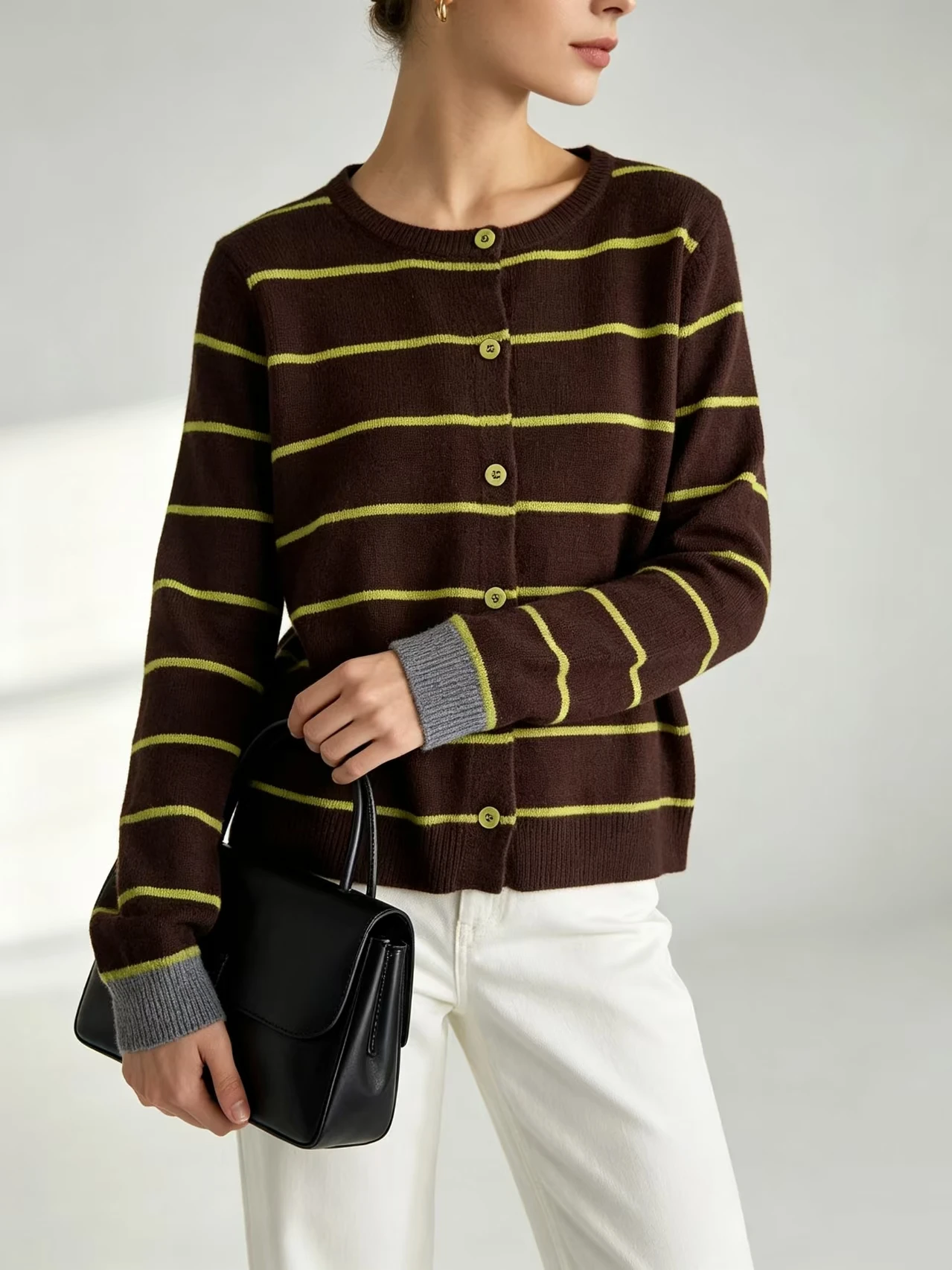fenggejiwo Women Wool Knit Cardigan Round Neck Long Sleeve Striped Sweater Button Front Loose Casual Vintage Female Outerwear 2