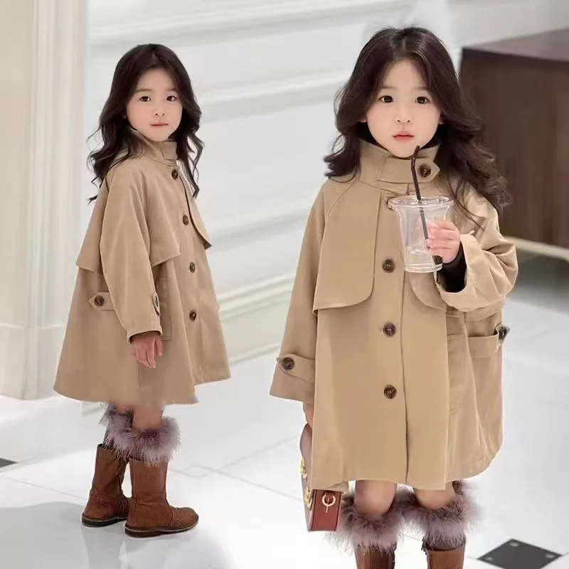 

Kids Girls' British Style Lapel Trench Coat 2025 Spring And Autumn New Versatile Children's Mid Length Single Breasted Jacket