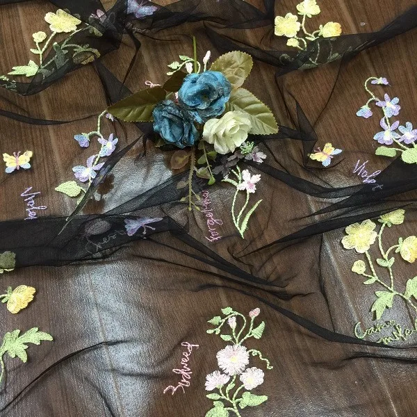 Hanfu tela de encaje bordado de malla de tul suave Floral de mariposa fresca