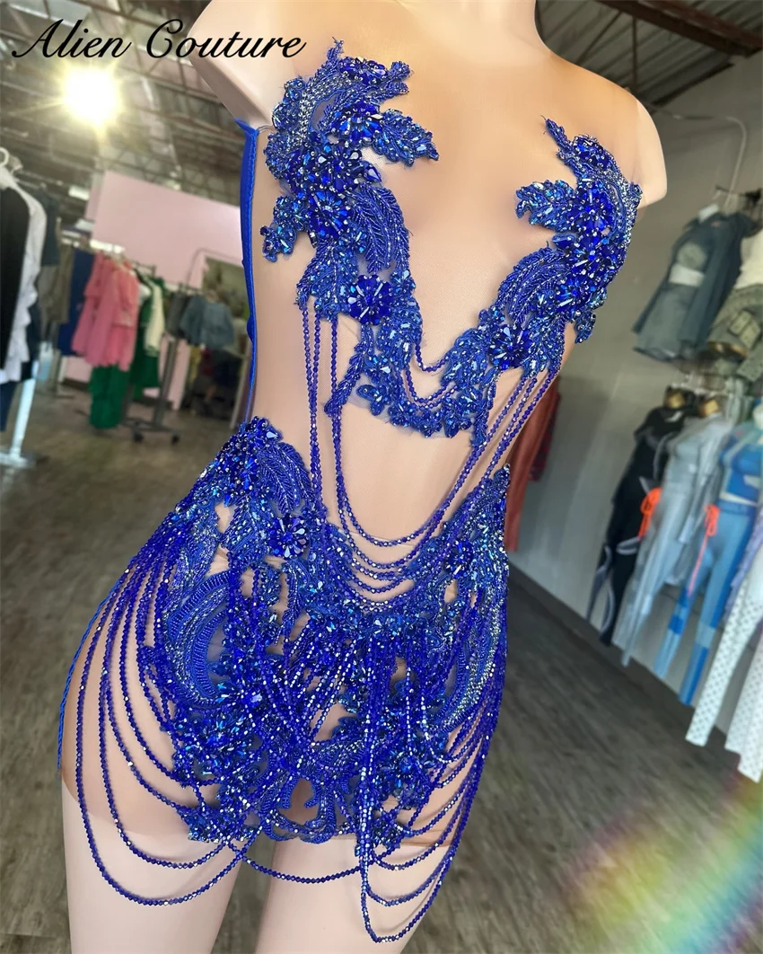 Shining Blue Crystal Short Prom Dress For Black Girl 2024 Sparkly Crystals Senior Cocktail Dress Birthday Gown Tassels