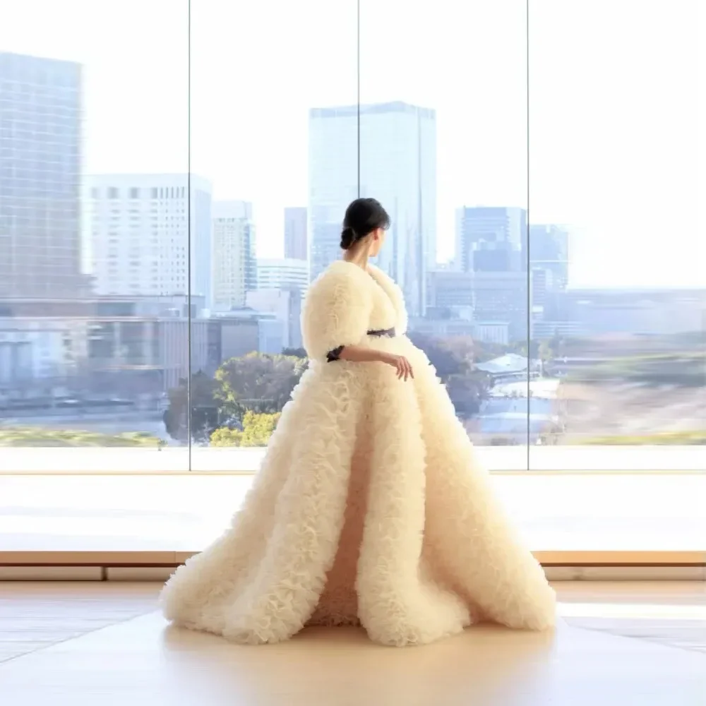 

High Couture Wedding Jacket Lush Mesh Women Coat Belt Sash Prom Gown Ivory Custom Made Ruffles Tulle Party Dresses with Sleeves