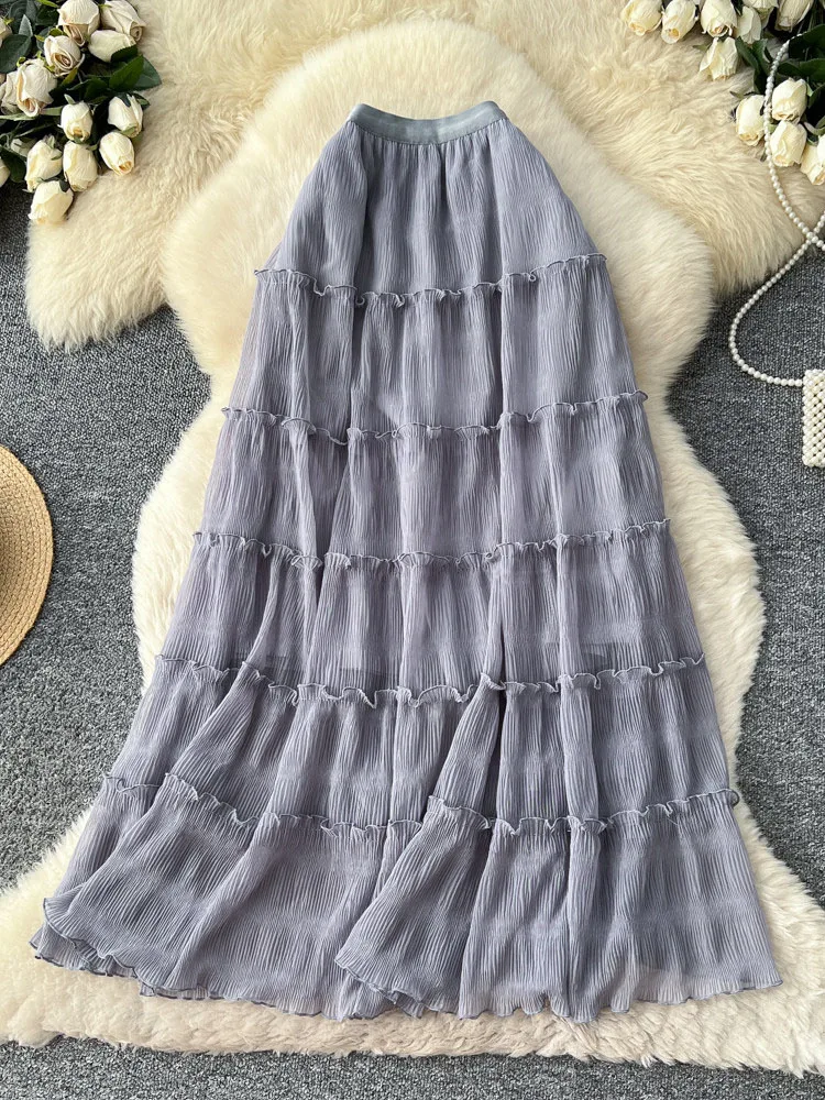 

Женская юбка французского стиля, элегантная, с завышенной талией, сетчатая, миди, А-силуэт, расклешенная, многослойная, с оборками, весна 2026, модель SK090