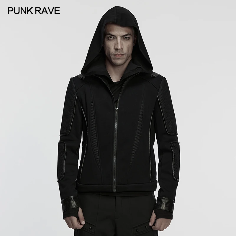 PUNK RAVE Men's Cyberpunk Breathable Fleece & Mesh Splicing Jacket Fashionable Look Personalized Dark Casual Coat Autumn