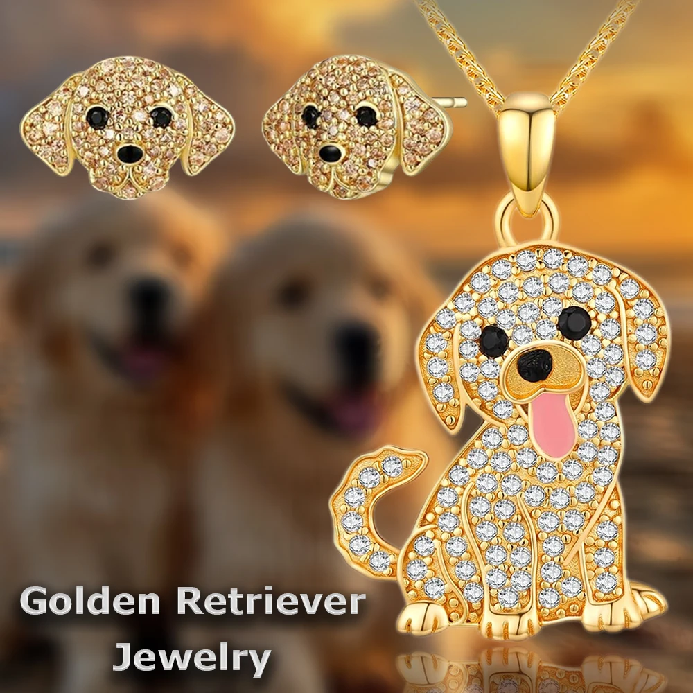 2Pcs/Set Cute Cartoon Style Golden Hunting Dog Pendant Necklace and Hunting Dog Earrings for Women's Daily Jewelry Accessories