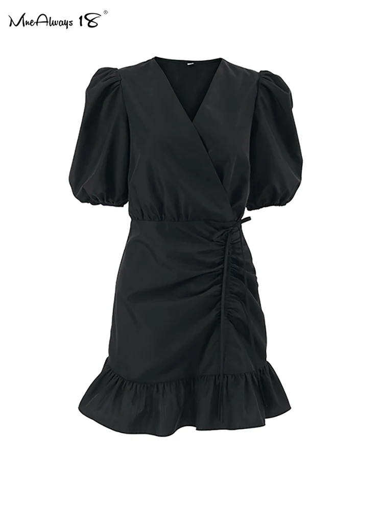 Mnealways18 Black Drawstring Elegant Mini Dress Womens Puff Sleeves Ruffled V-Neck Office Ladies Dress Summer 2024 High Waisted