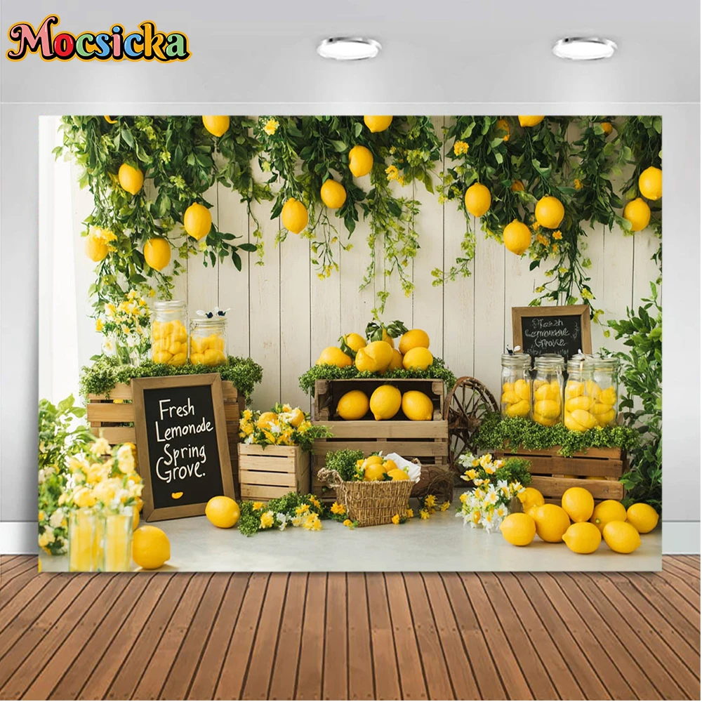 Mocsicka-Fondo de fotografía de limón, fiesta de cumpleaños de primavera, plantas, flores, cajas de madera, tema fresco, decoración de estudio, utilería de fondo