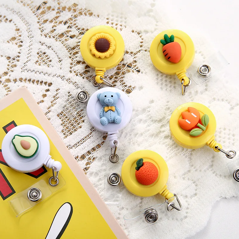 Cartoon Fruits Bear Retractable Pull Badge Reel Key Ring Chain Clips Name Tag Card Badge Holder Reels