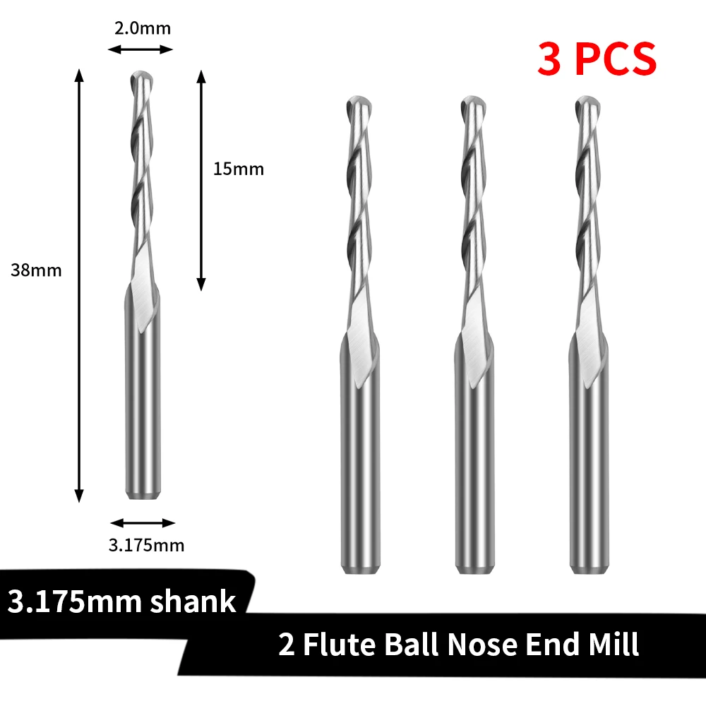 3,175 мм спиральная сферическая концевая фреза с двойным каналом, 2 флейты, 15 мм, вольфрамовая сталь для гравировальных станков с ЧПУ с портом ER11-3,175, 3 шт.