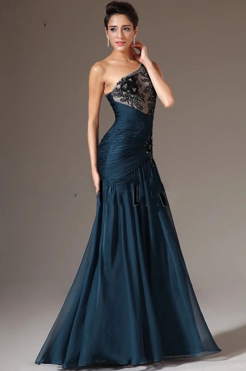 Long Formal Evening Party Gowns One Shoulder Chiffon Mermaid Evening Dresses with Black Lace AppliqueCL-758