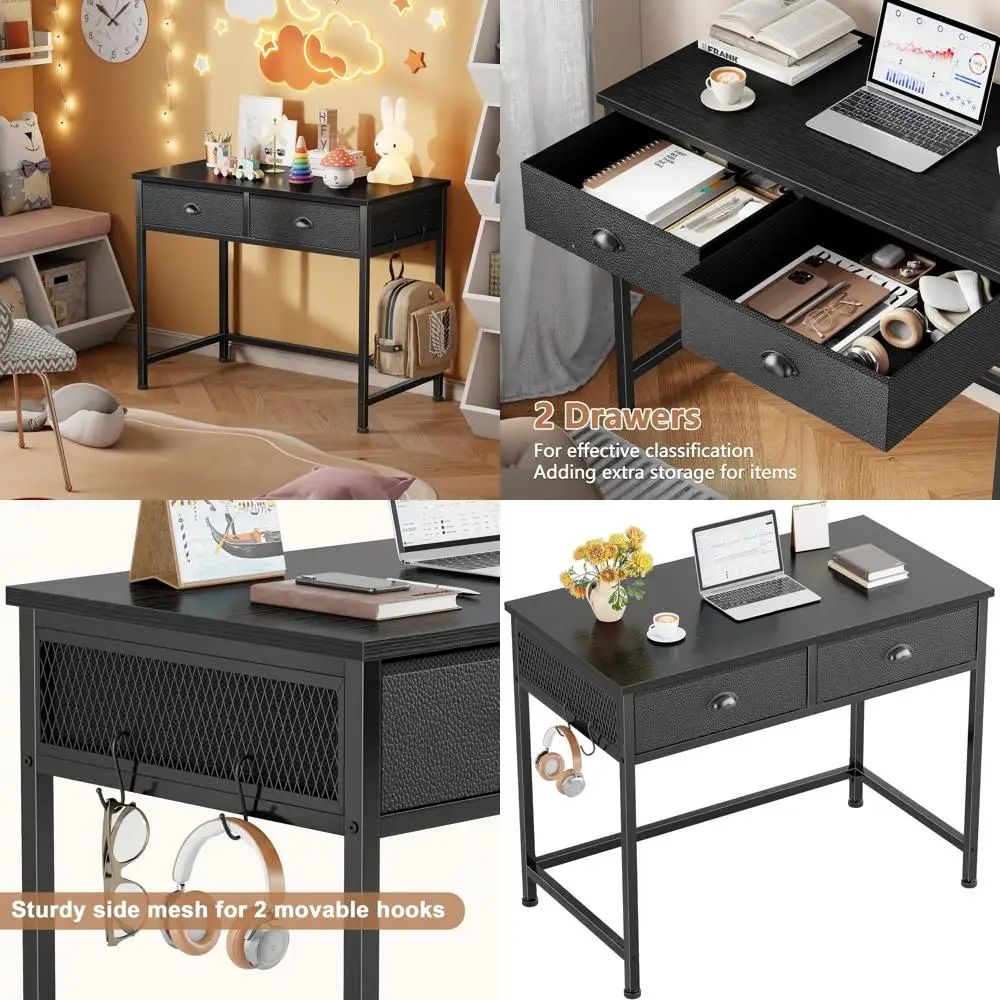 

Компактный стол для домашнего офиса 34 с двумя ящиками, идеально подходит для небольших помещений, учебы и письма с крючками, черный