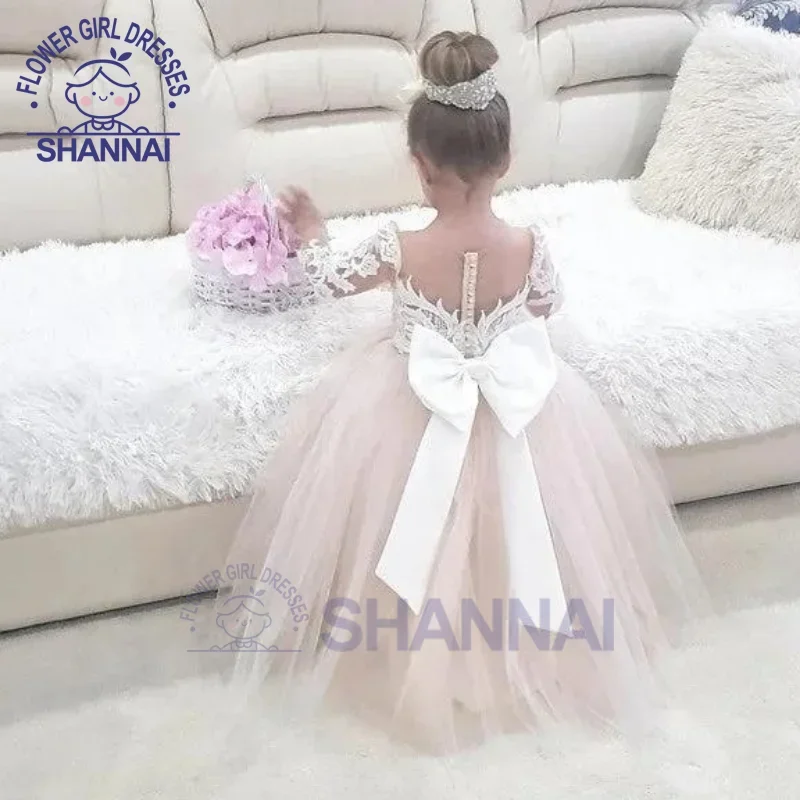 Champagne Lace Detachable Trailing Flower Girl Dress for Wedding Little Bridesmaid Birthday Holiday Party Prom 1-14 Years