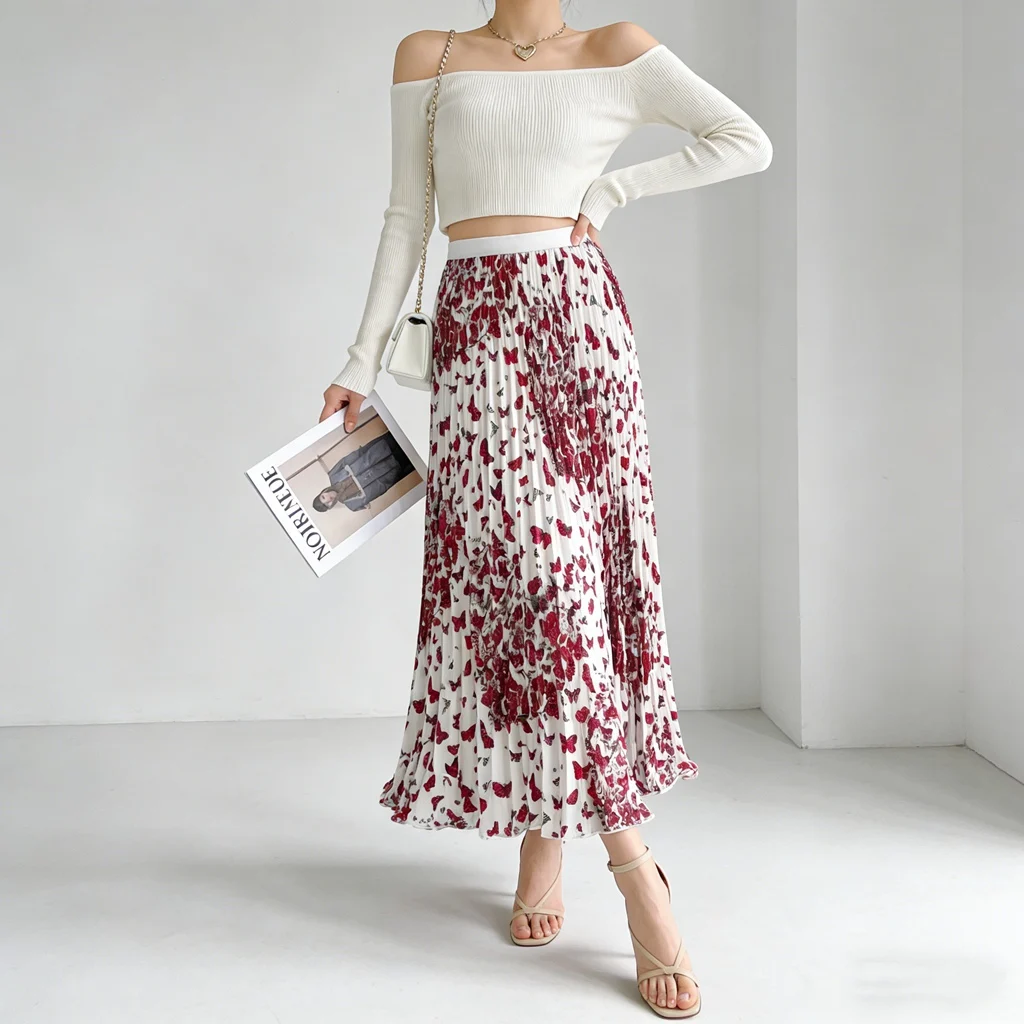 Boho Flower Pleated Long Skirt Women Summer Elastic High Waist Fashion Office Ladies Work Party Beach Maxi Skirt