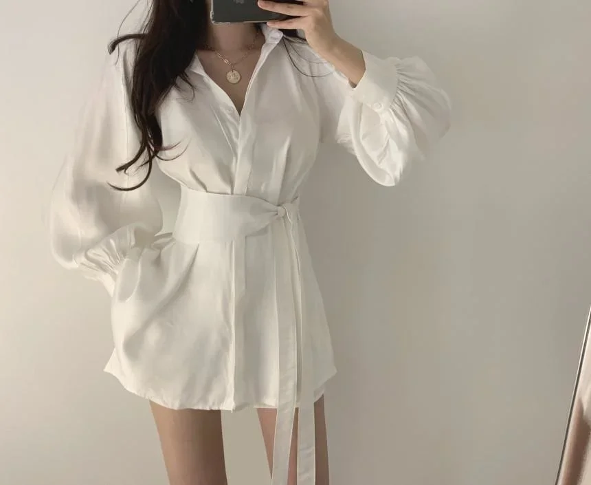 Sleeve Shirt Shorts Two-piece Women Long Waist Shirt Women\'s Design of Vintage Clothes for Women Tops Shirts Blouses