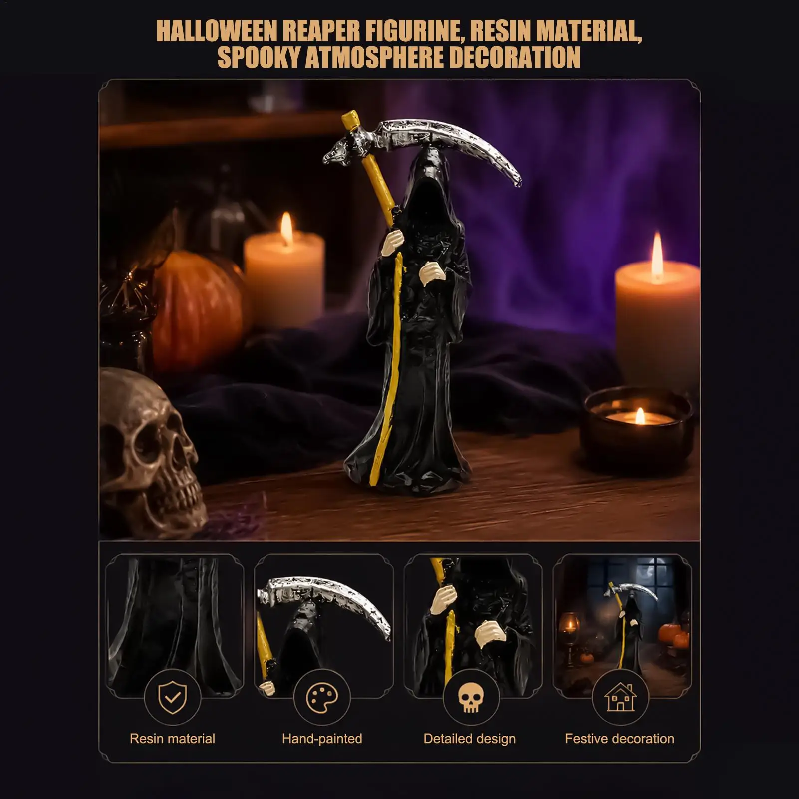 Reaper Statue 16.5cm Horror Black Robe Holiday Figure Desktop Halloween Reaper Figurine For Bookshelf Table Entryway Mantel