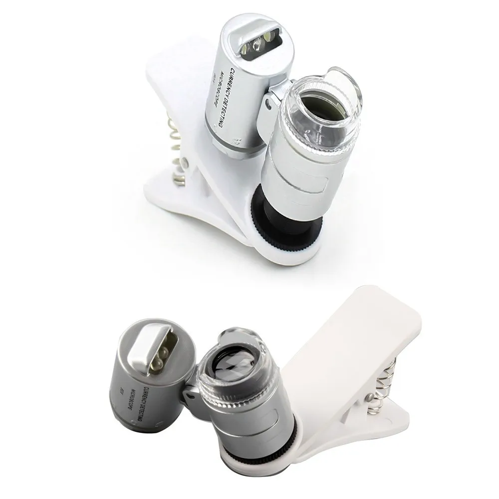 60X Clip-On Phone Camera Magnifier Silver Portable Mini Microscope with LED/UV Lights for Universal Smartphone