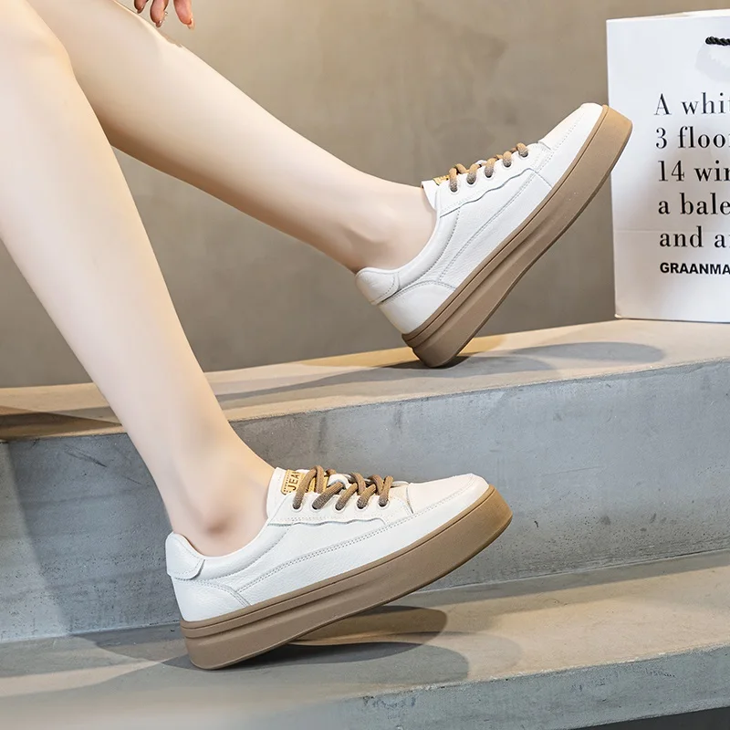 DRKANOL 2024 Women Flat Platform Shoes Spring Genuine Leather Mixed Colors Casual Board Shoes Lace-Up Soft Bottom Sneakers H8802