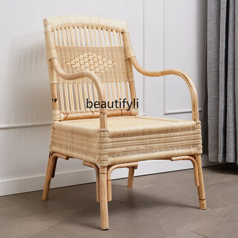 

Natural Real Rattan Chair Leisure Dining Chair with Backrest Balcony Single Household Light Luxury Armrest B & B