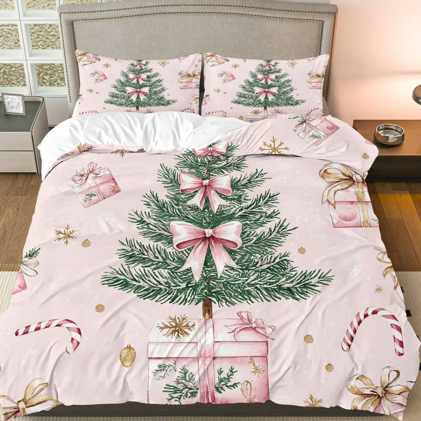 [ensemble-de-housse-de-couette-de-noel]-ensemble-de-housse-de-couette-3-pieces-pour-arbre-de-noel-et-canne-a-sucre-noeud-rose-motif-flocon-de-neige-dore-polyester