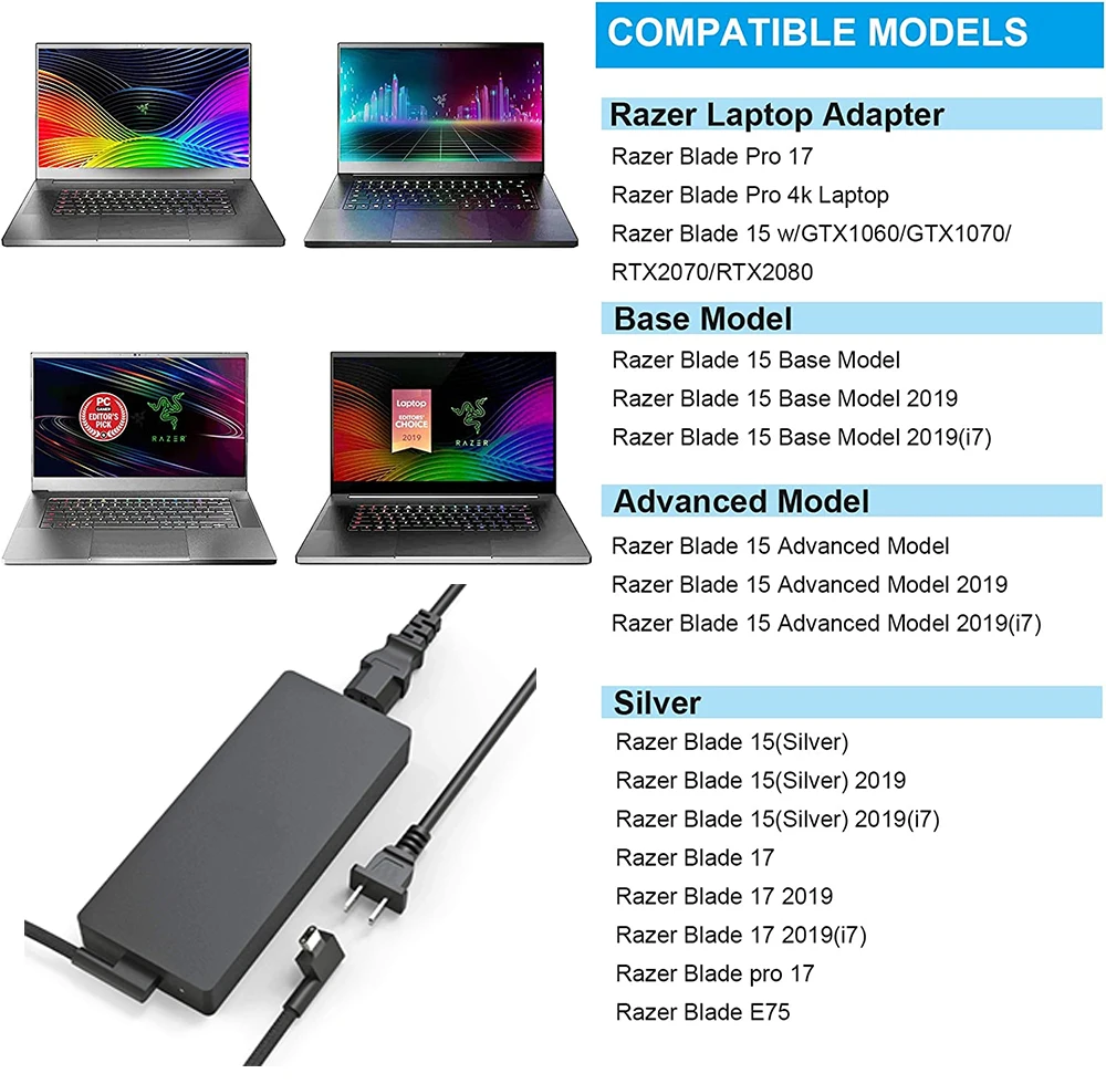 230W AC Charger for Razer Blade 14 15 GTX1060 GTX1070 RTX2070 RTX2080 RTX3060 RTX3070Ti RTX3080 RC30-0248 Laptop Power Adapter