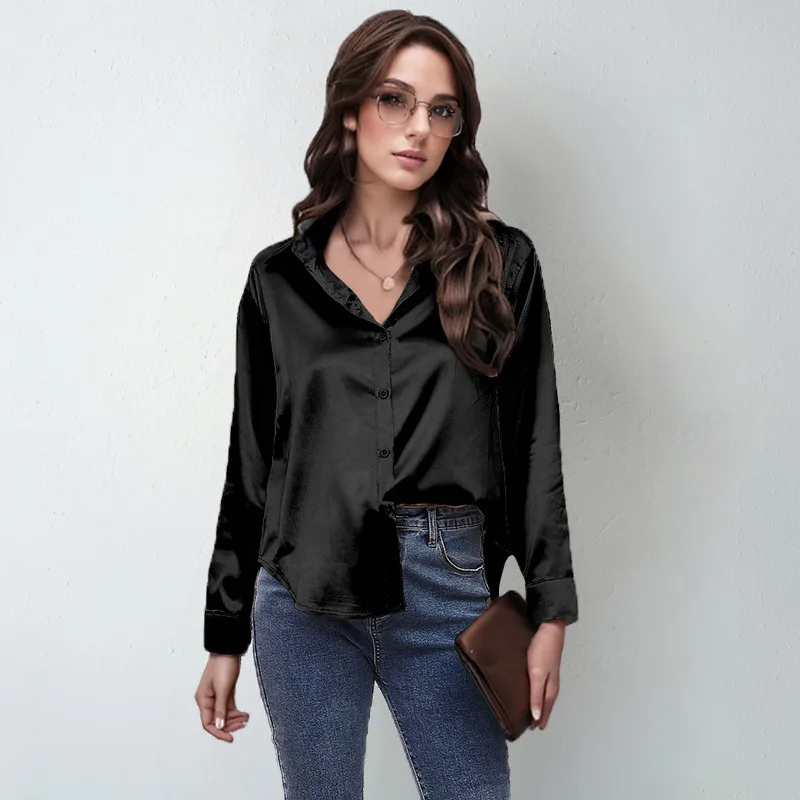 

spring and summer new colored satin shirt for women with emulated silk long-sleeved shirt tops women's clothing