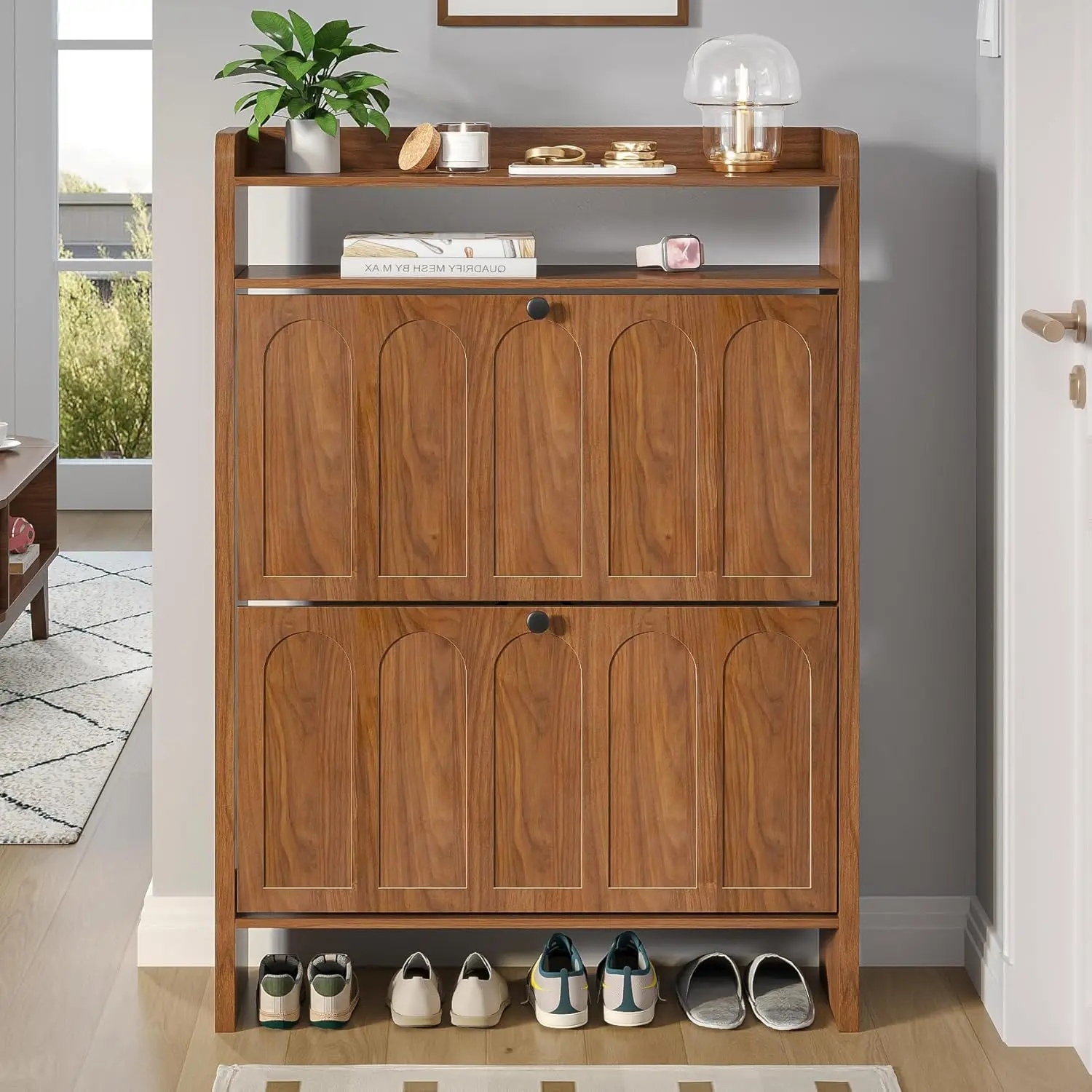 

Entrance Shoe Cabinet with 2 Flip Drawers, Narrow Wooden Shoe Cabinet with Open Storage