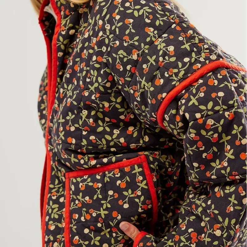 Women Y2k Cropped Quilted Jackets Vintage Floral Print Open Front Lightweight Puffer Jacket Padded Quilted Cardigan Coats