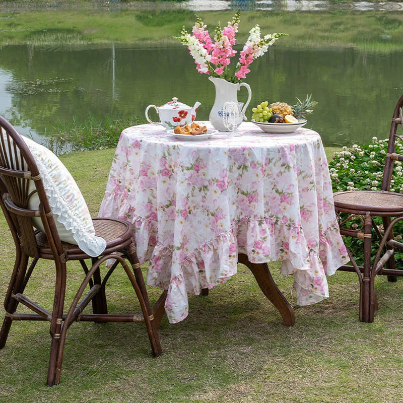 Affordable Luxury Rose Tablecloth Pastoral Cotton Linen Pink Tablecloth Garden Table Decorative Cloth Picnic Cloth for Outing