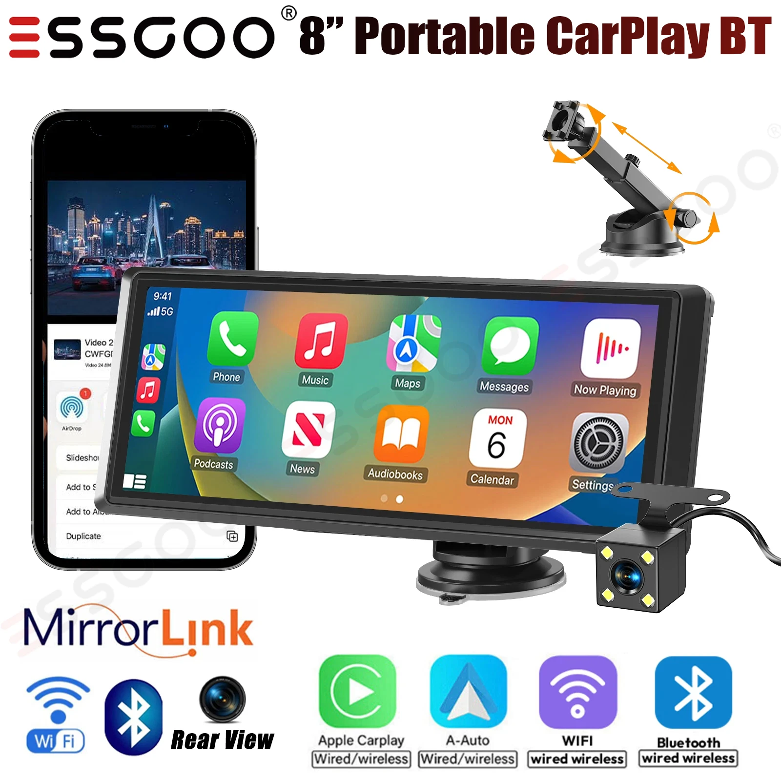 ESSGOO 8.1 "المحمول CarPlay العالمي اللاسلكي أندرويد السيارات راديو ستيريو السيارة MP5 لاعب FM BT مع كاميرا للسيارات والشاحنات فان