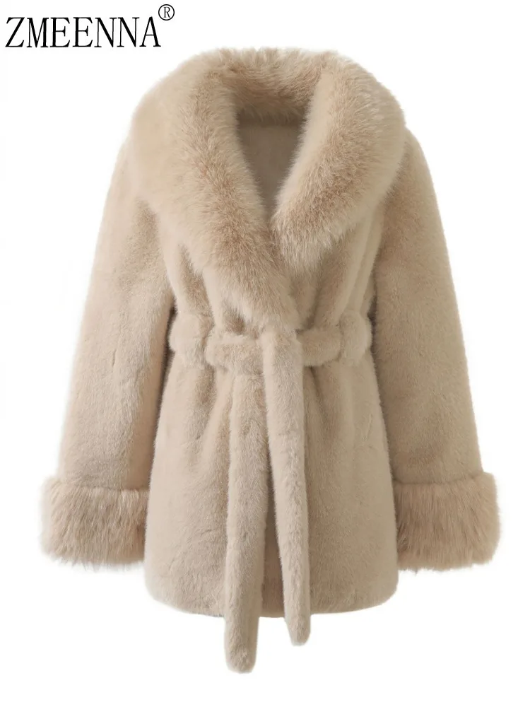 

ZMEENNA Women's Elegant Faux Fur Coat Lapel Collar Long Sleeve Winter Warm Outerwear With Belt Plush Soft Fashion Beige ZM3354