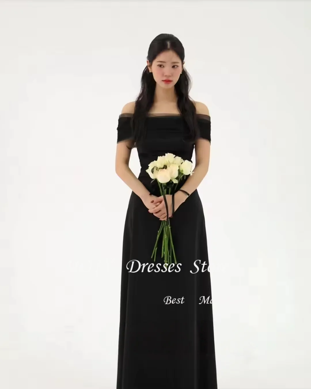 

Mojy Simple Black A Line Korea Evening Dresses Wedding Photo shoot Party Dress With Bolero Bowknot Night Event custom