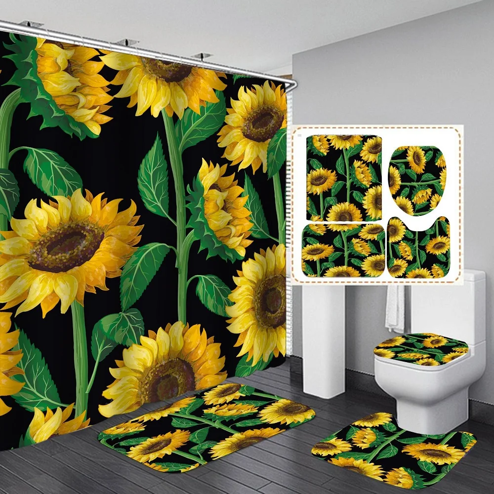 

High Quality Black Flower Fabric Shower Curtain Set Non-Slip Rugs Toilet Cover Bath Mat Yellow Floral Sunflower Bath Curtains