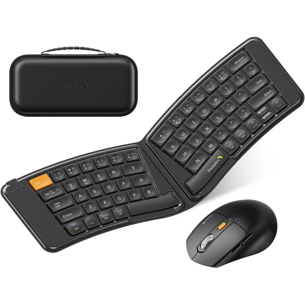 Portable Folding Bluetooth Keyboard Mouse Combo, Ergonomic Split Design, 3 Devices, Rechargeable, for iPad, Tablet, iPhone, Lapt