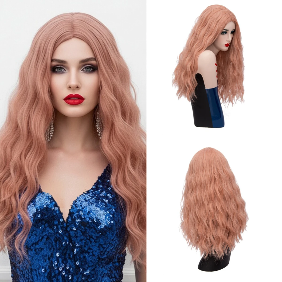 Long Wavy Women's Synthetic Middle Part Line Heat Resistant Wig Pink Hair for Lolita Cosplay Halloween Daily Use