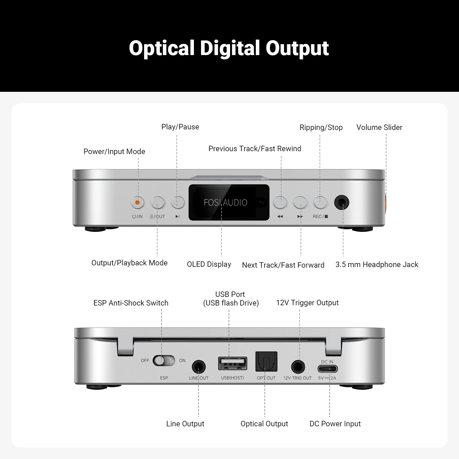 Odtwarzacz CD Fosi Audio Merak HiFi z pilotem, DAC CS43131, wzmacniacz słuchawkowy 210MW *2, obsługa USB Ripping, wejście USB. — zdjęcie produktu 6